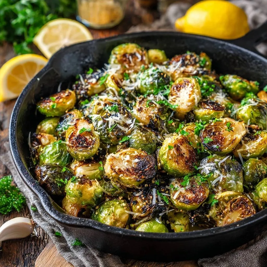 Crispy garlic parmesan brussels sprouts in a cast iron skillet, garnished with parsley and cheese.