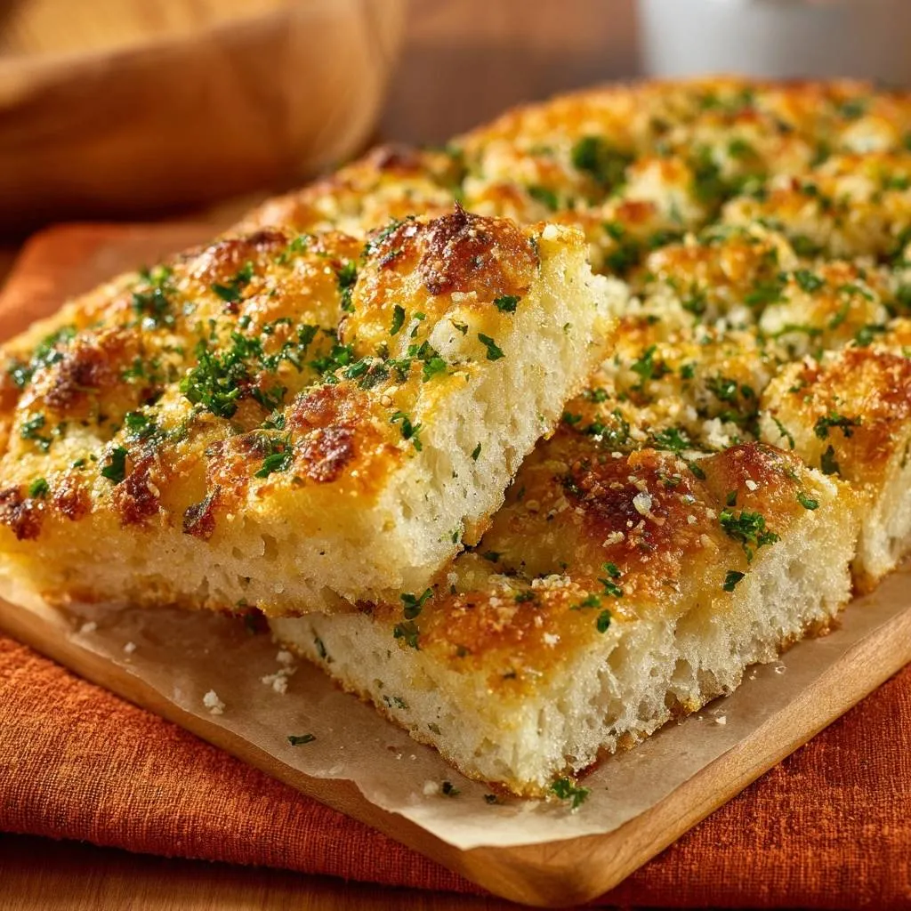 Crispy garlic parmesan focaccia with a close-up view of a slice revealing its airy interior texture.