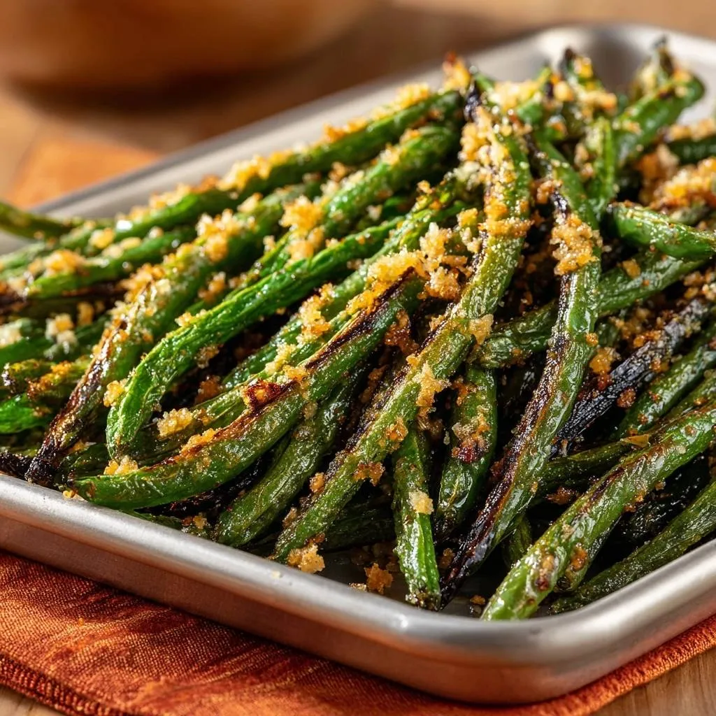 Crispy garlic roasted green beans with a toasted breadcrumb topping shown in a close-up detail shot.