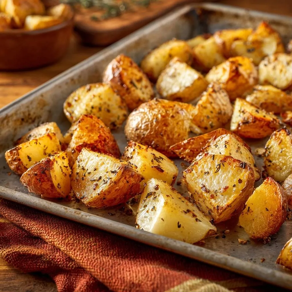 Crispy herb roasted potatoes shown close-up in a rustic baking pan with a napkin.