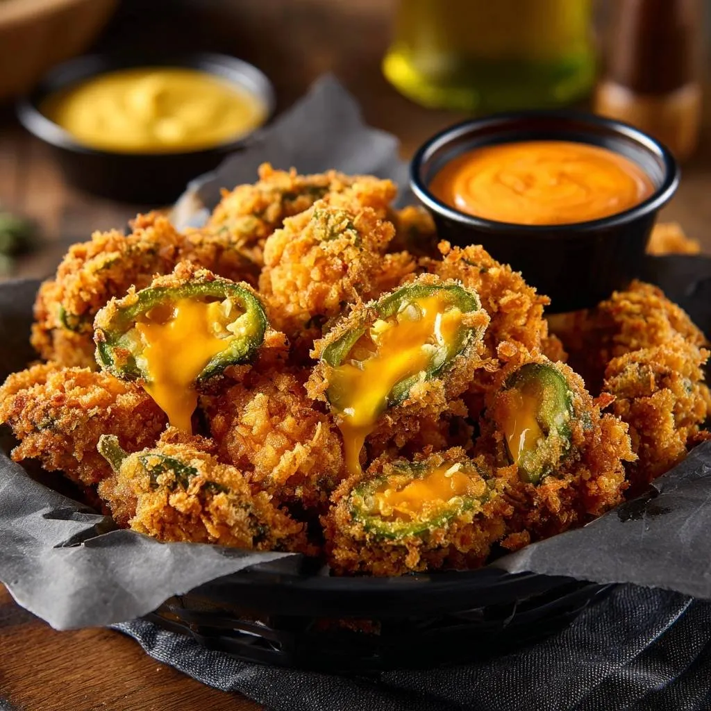Crispy jalapeño poppers with a close-up detail showing melted cheese oozing out.