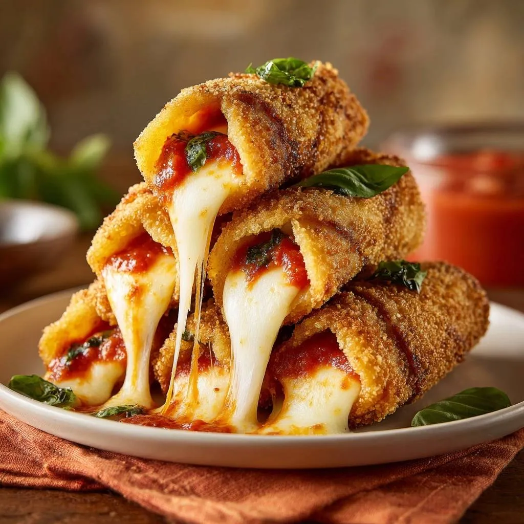 Crispy mozzarella manicotti rolls with a gooey cheese pull, showcasing the melted cheese inside the breaded rolls.