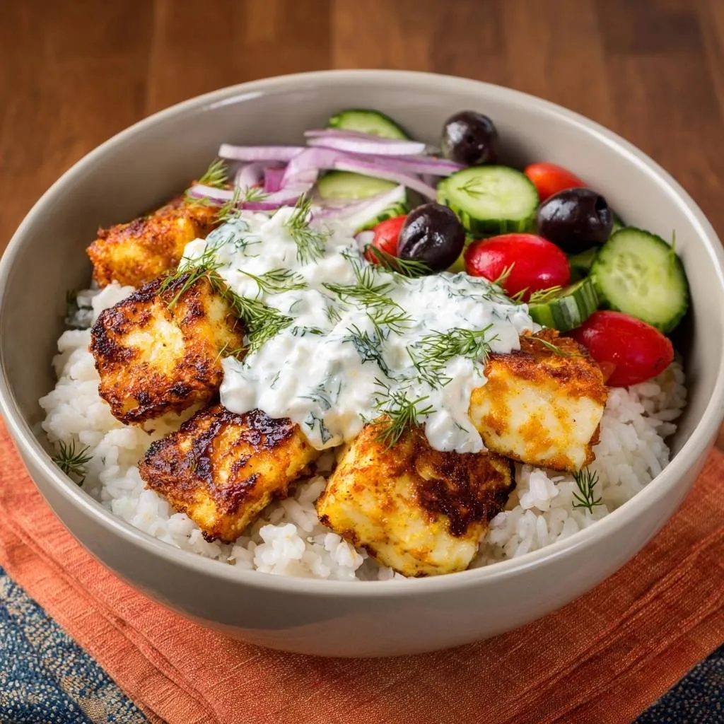 Crispy paneer Greek rice bowl with cucumber, tomato, and dill yogurt sauce, shown from an overhead detail perspective.