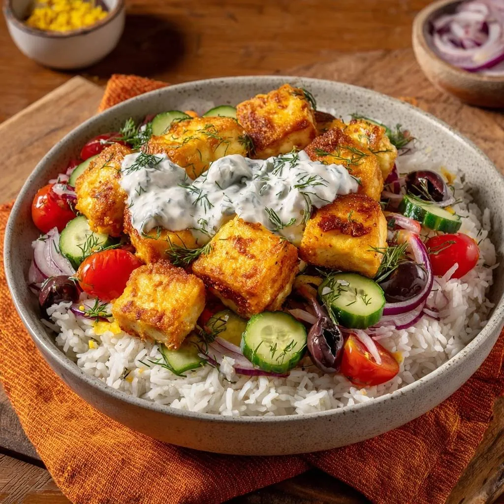 Crispy paneer Greek rice bowl shown overhead with a close-up detail of paneer cubes and fresh vegetables.