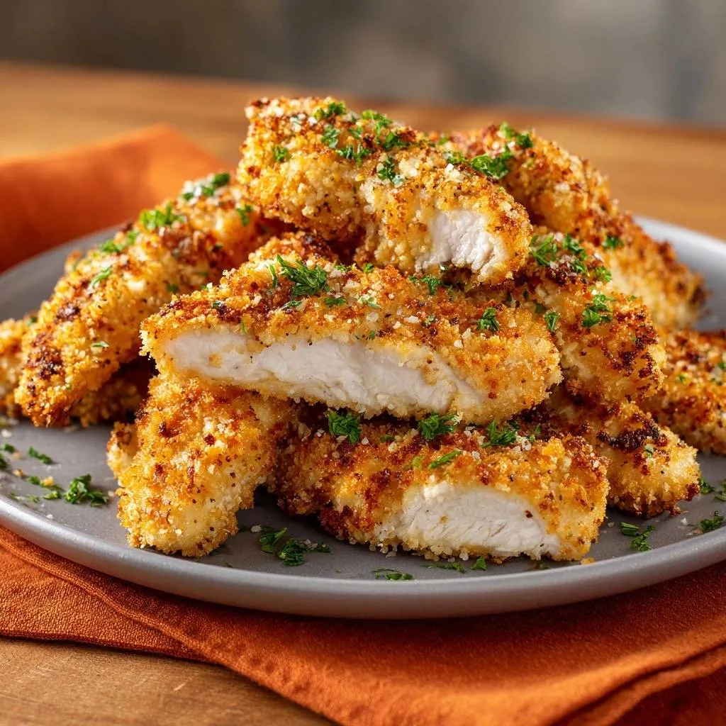 Crispy Panko Chicken Tenders cross-section showing the juicy white meat and golden breading, garnished with parsley.