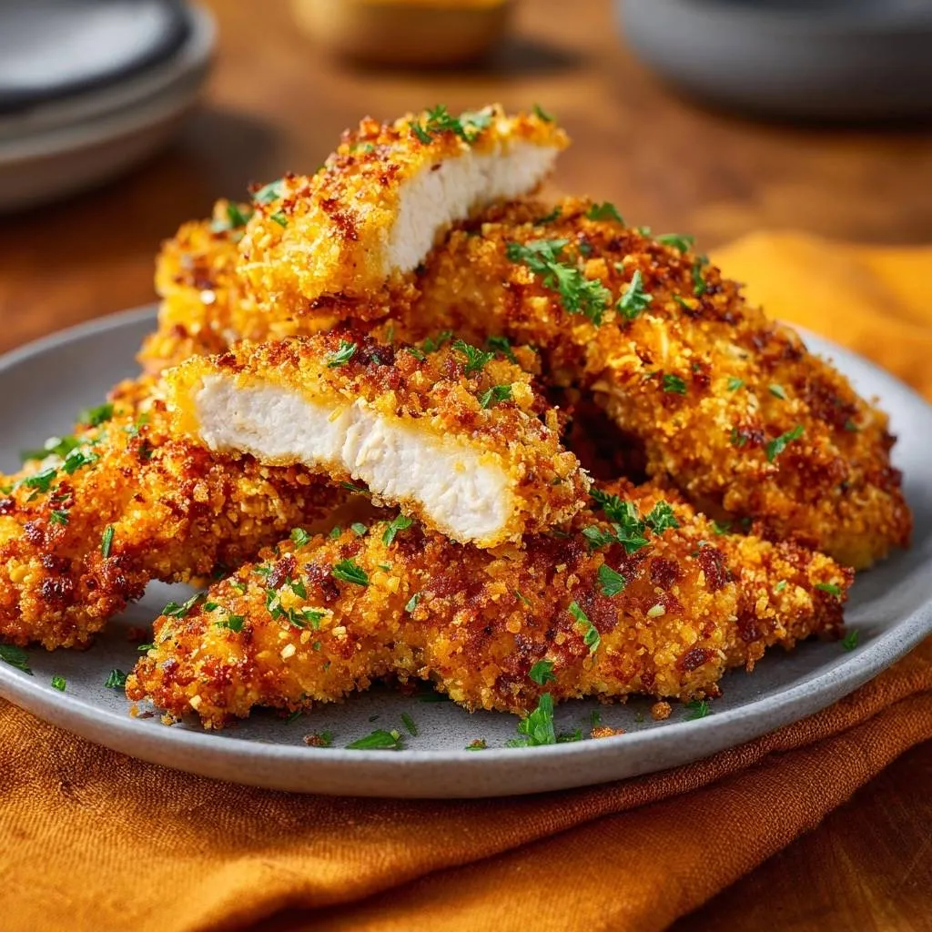 Crispy panko chicken tenders shown in a close-up cross-section, highlighting the juicy interior and golden breading.