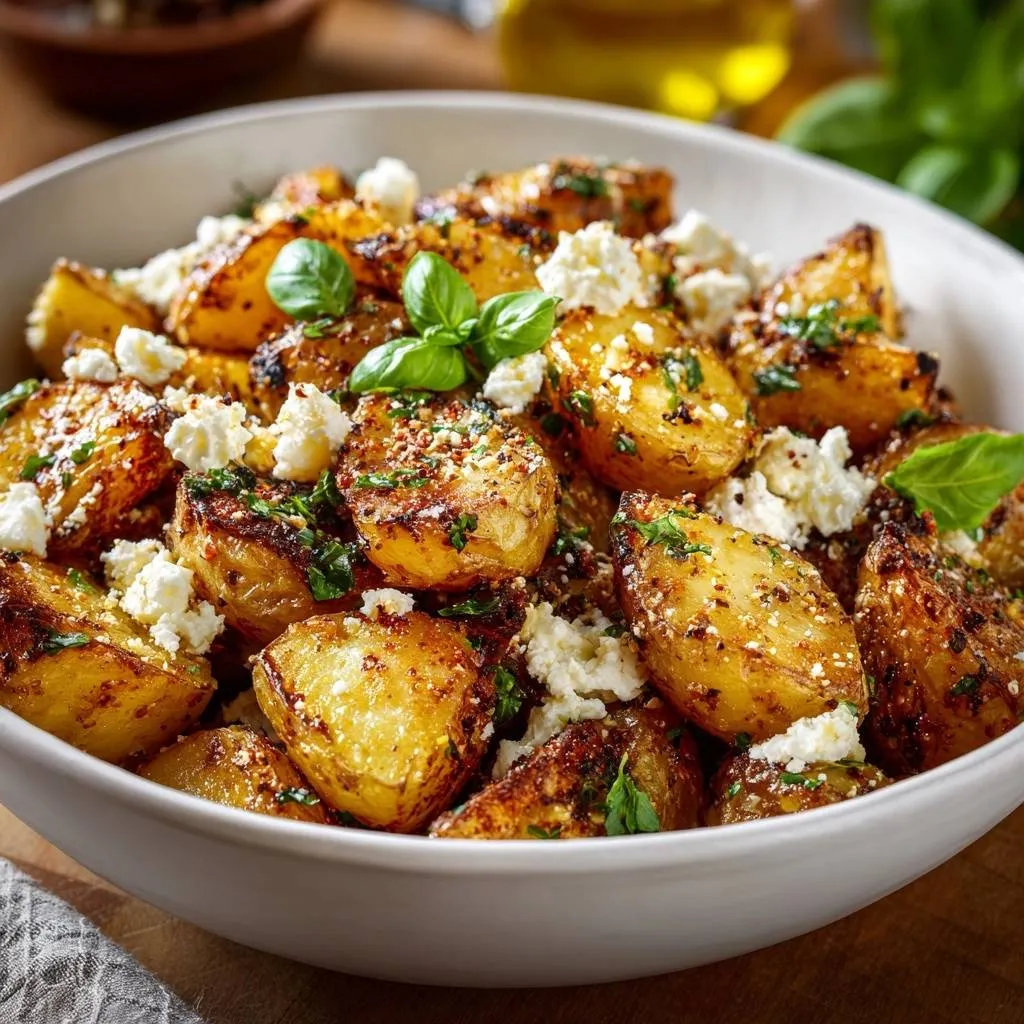 Crispy paprika feta potatoes served in a white bowl, generously topped with crumbled feta cheese and fresh basil.
