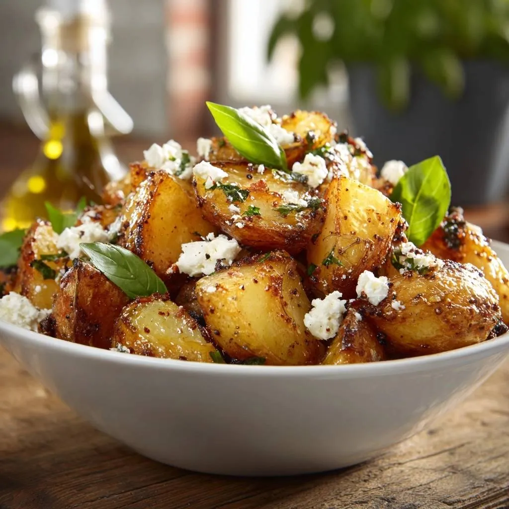 Crispy paprika feta potatoes served in a white bowl, topped with crumbled feta cheese and fresh basil leaves.