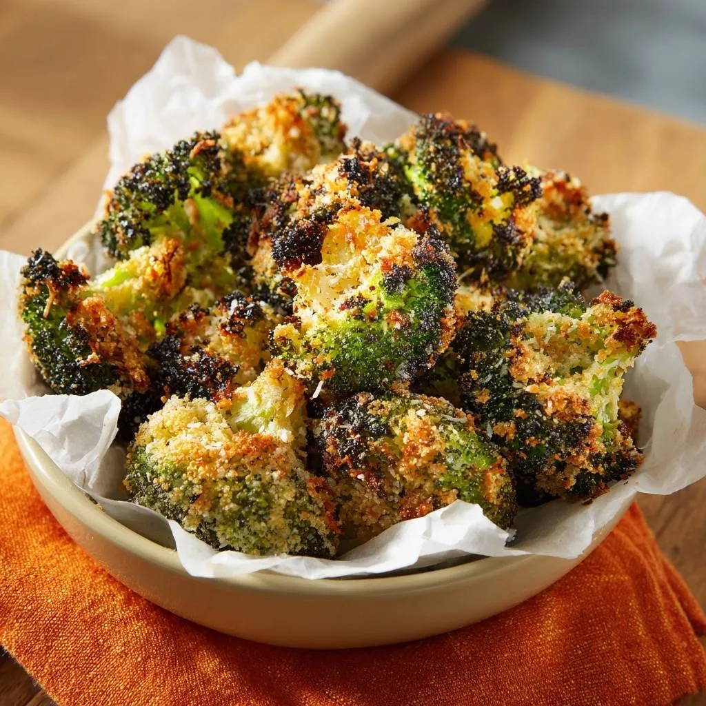 Crispy Parmesan Roasted Broccoli served in a bowl, showcasing the golden-brown, seasoned florets up close.