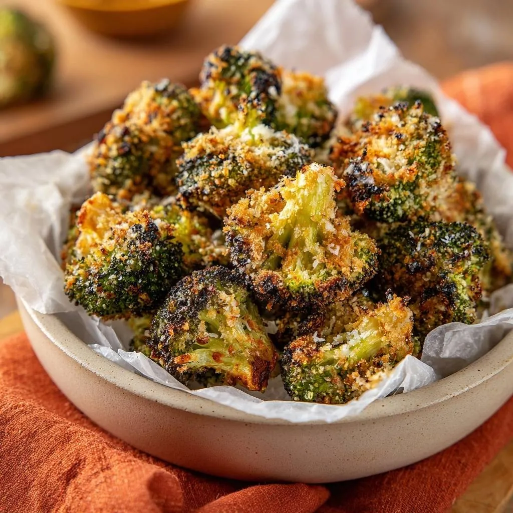 Crispy parmesan roasted broccoli piled high in a bowl, showcasing its golden-brown, textured florets.