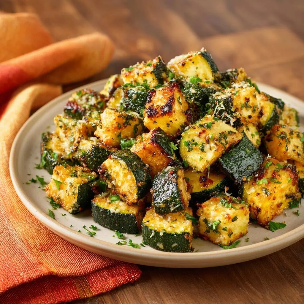 Crispy Parmesan Zucchini Bites piled high on a plate, garnished with fresh parsley.