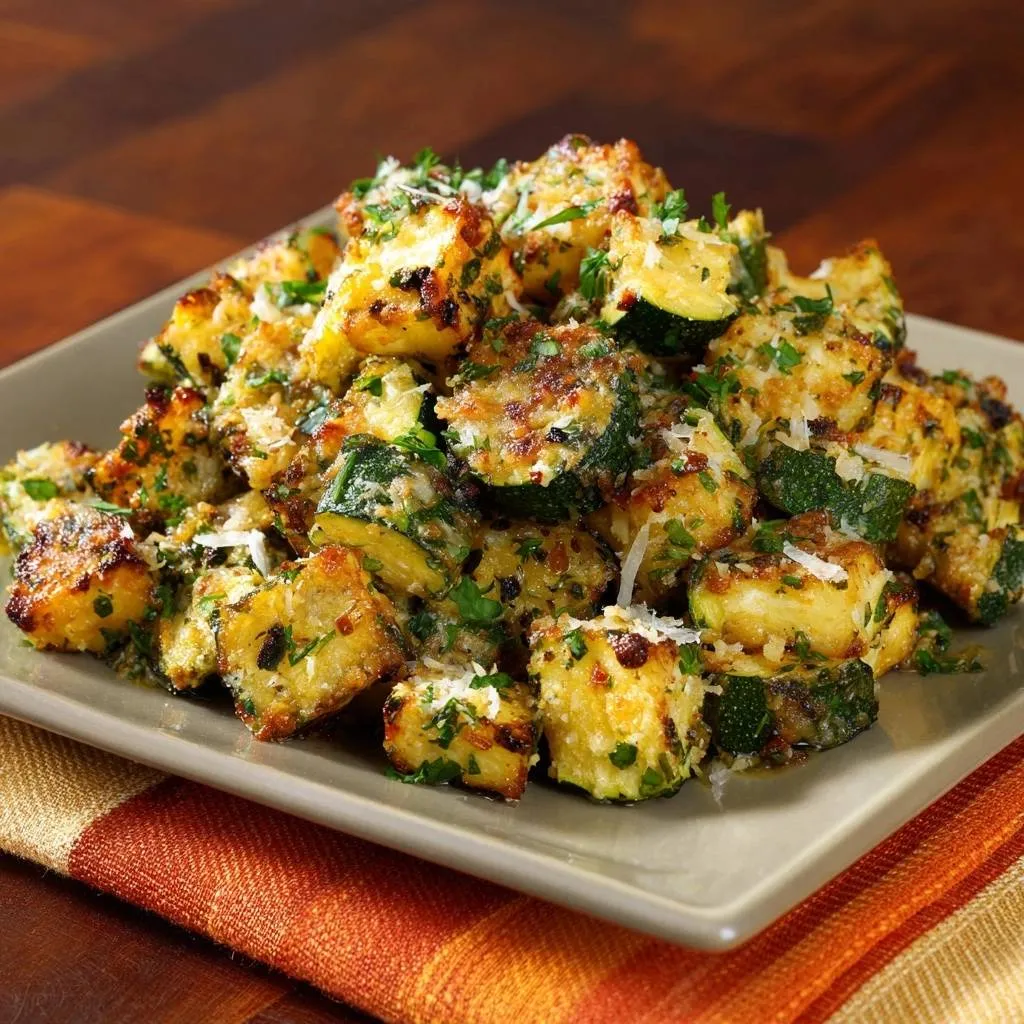 Crispy Parmesan Zucchini Bites piled high on a plate and garnished with fresh parsley and grated cheese.