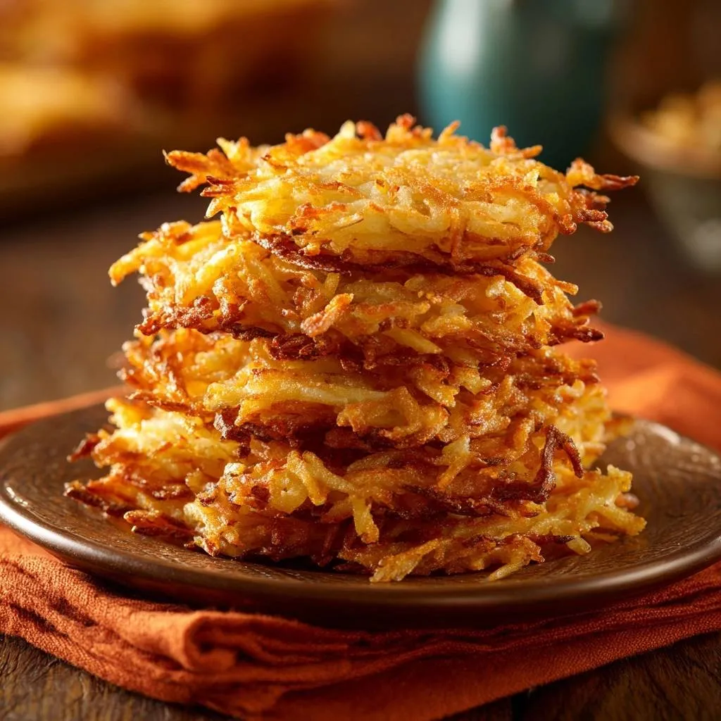 Crispy potato latkes in a tall stack, showcasing their ultra-crisp edges and tender centers on a brown plate.