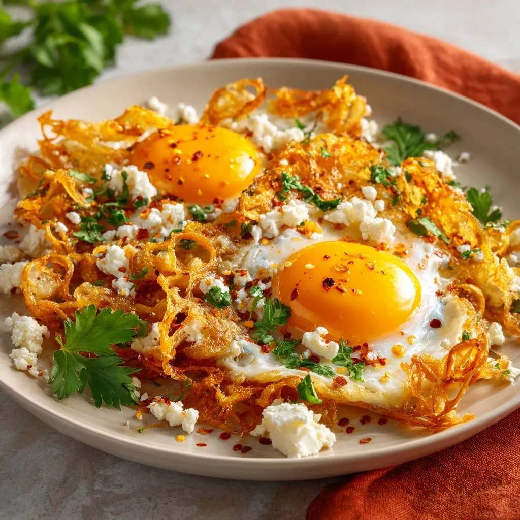 Crispy potato nest eggs plated with a close-up view of fried eggs, crumbled feta, and fresh parsley.