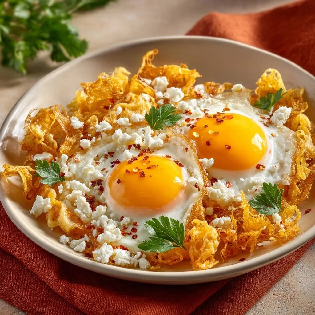Crispy potato nest eggs with feta cheese and chili flakes, a plated breakfast hack with a close-up view.