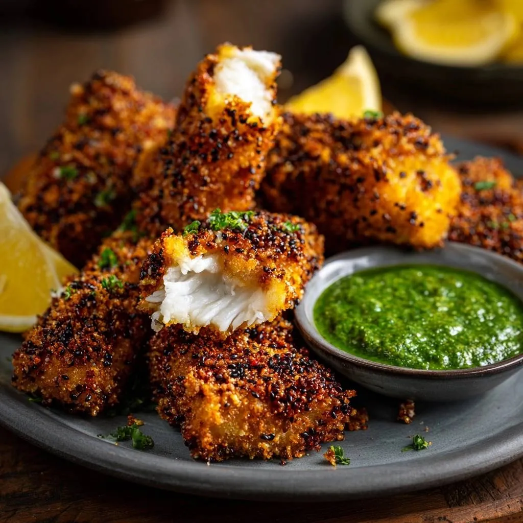 Crispy quinoa-crusted fish fingers recipe shown in a close-up cross-section revealing the flaky white interior.