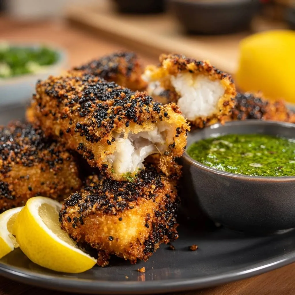 Crispy quinoa-crusted fish fingers recipe shown in a close-up cross-section revealing the flaky white fish inside.