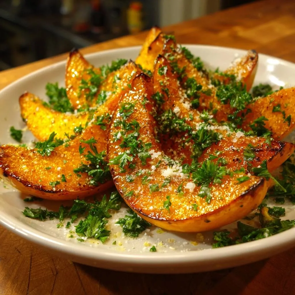 Crispy roasted butternut squash wedges plated and garnished with fresh parsley and grated cheese.