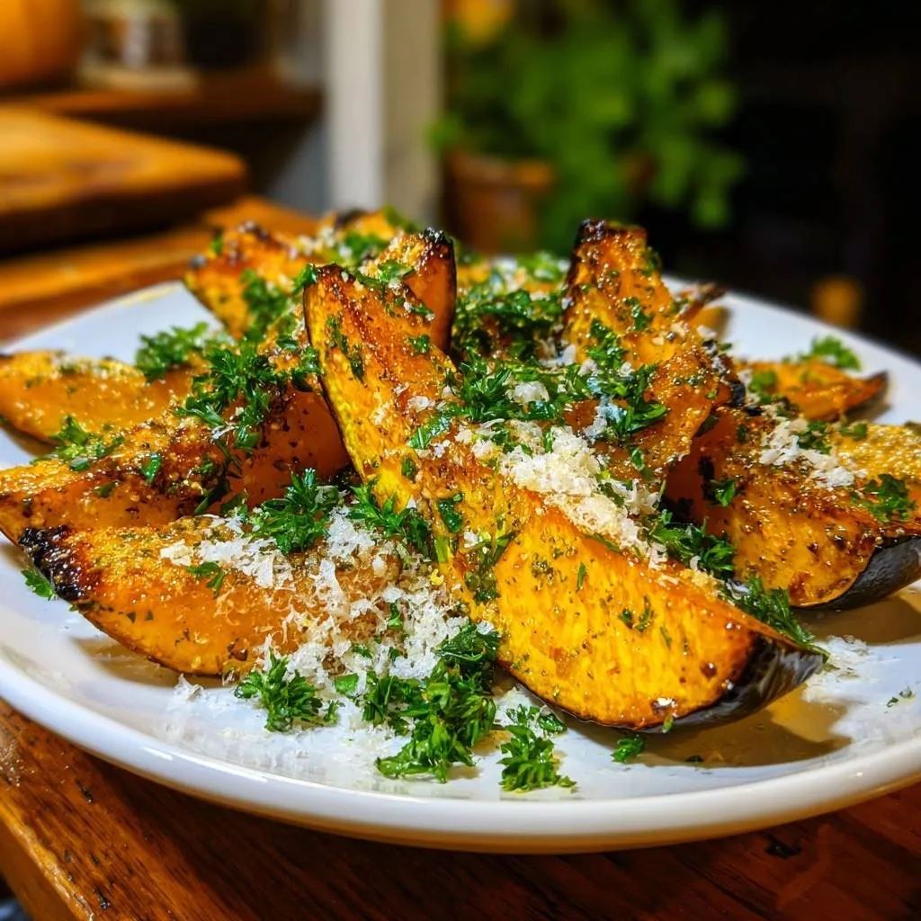 Crispy roasted butternut squash wedges are plated and topped with fresh parsley and grated cheese.