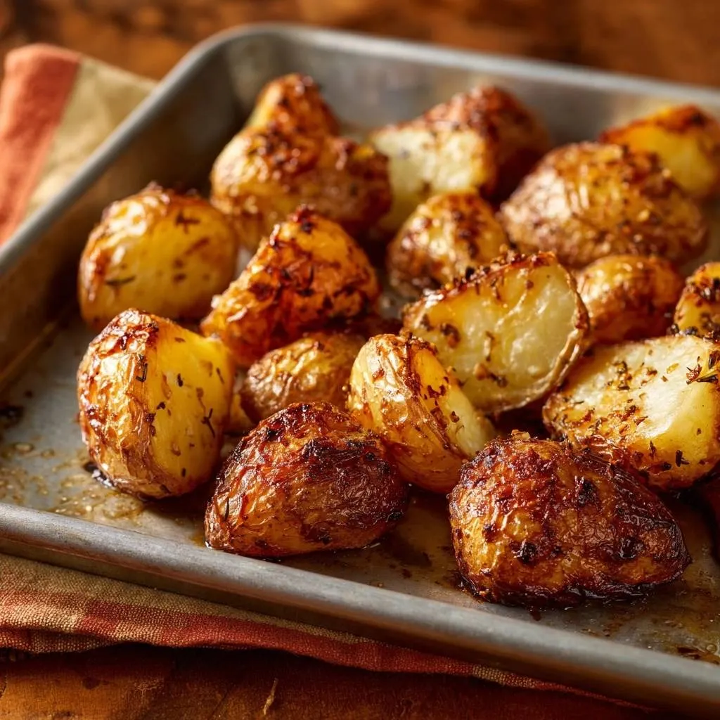 Crispy rosemary roasted baby potatoes in a metal tray, showing a close-up overhead view of the seasoned and browned potato halves.