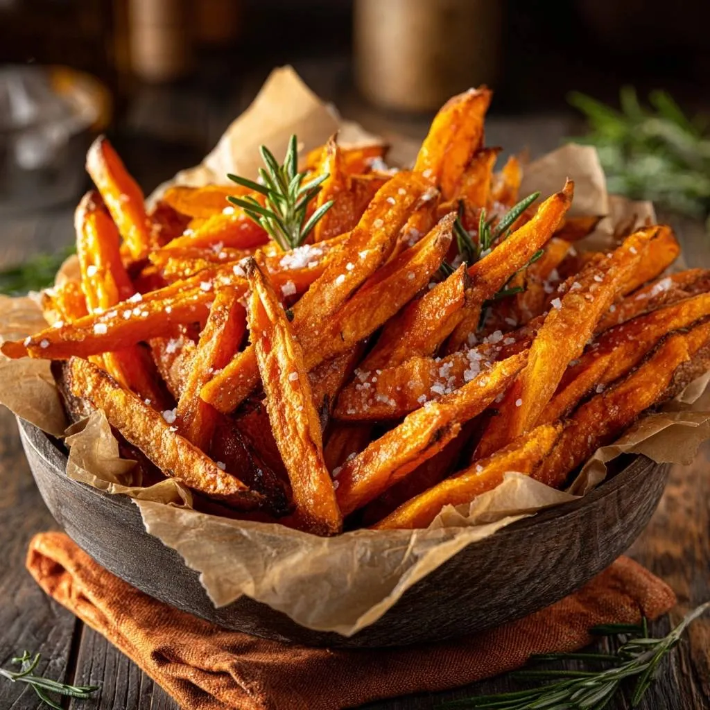 Crispy rosemary sweet potato fries generously seasoned with salt and garnished with fresh rosemary sprigs in a rustic bowl.