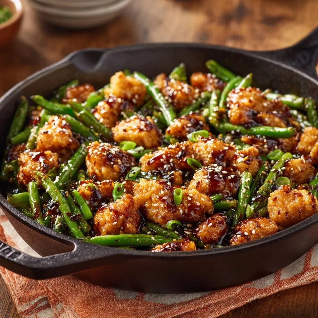 Crispy sesame chicken with green beans served in a cast iron skillet with a glossy glaze and sesame seeds.