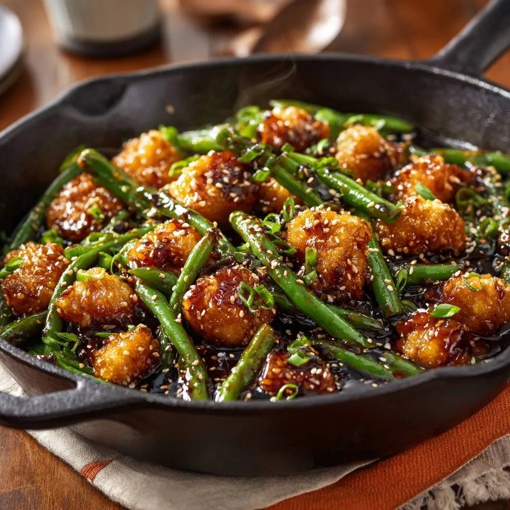 Crispy sesame chicken with green beans served sizzling in a cast iron skillet, garnished with sesame seeds.