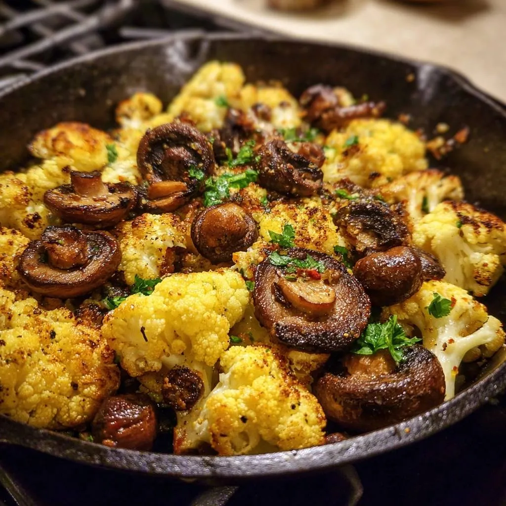 Crispy skillet cauliflower and mushrooms shown in a close-up view with parsley garnish in a cast iron pan.