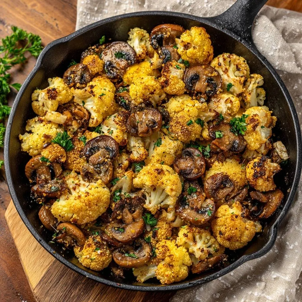 Crispy skillet cauliflower and mushrooms shown in a cast iron pan with a close-up overhead view.