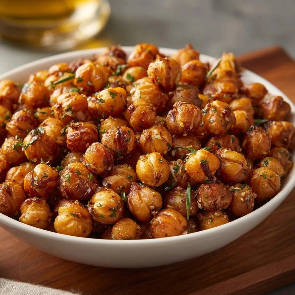 Crispy spiced roasted chickpeas served in a white bowl, showcasing their golden-brown texture and herb garnish.