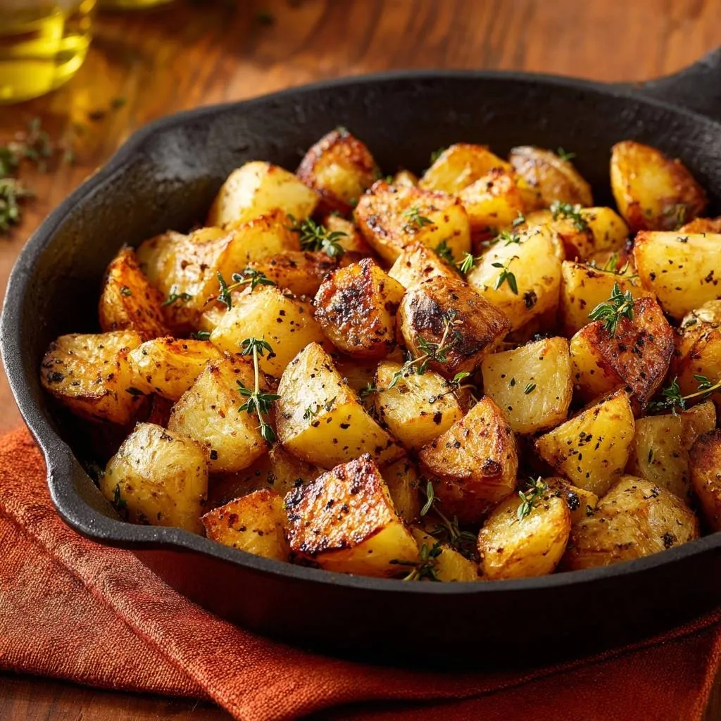 Crispy thyme roasted potatoes served in a rustic cast iron skillet, garnished with fresh thyme sprigs.
