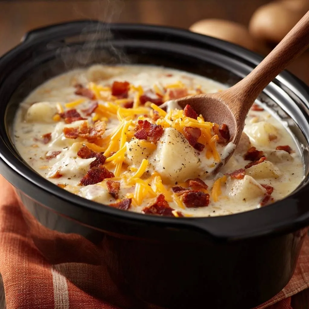 Crockpot loaded potato soup with a spoonful lifting out chunks of potato and bacon topping