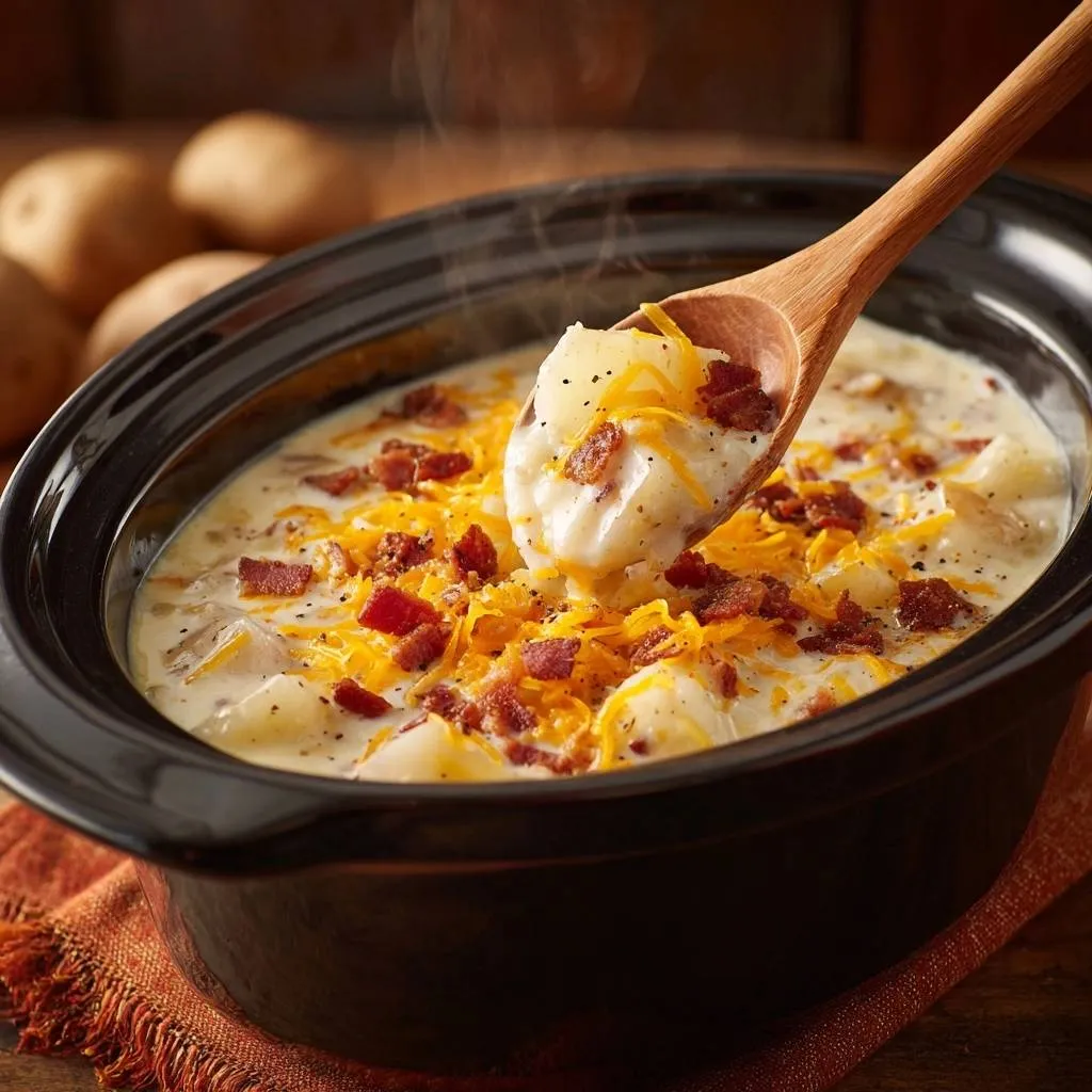 Crockpot loaded potato soup with firm chunks, shown close-up as a spoonful is lifted, topped with cheese and bacon.