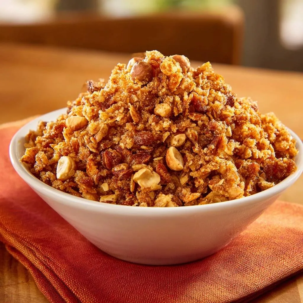 Crunchy peanut brittle with hazelnuts shown in a white bowl, offering a close-up view of its textured, sweet surface.