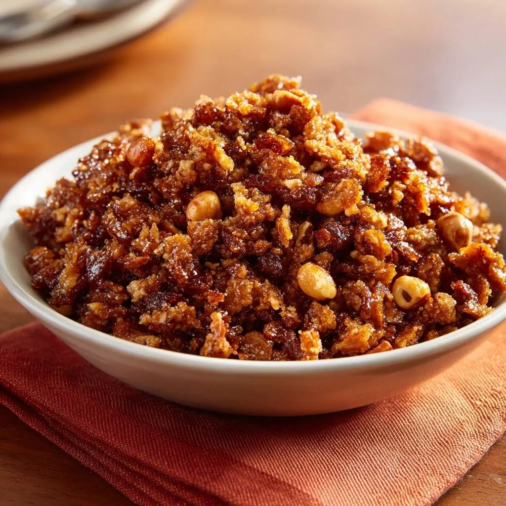 Crunchy peanut brittle with a close-up view of its airy texture served in a white bowl.