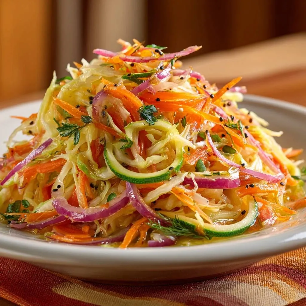 Crunchy rainbow veggie slaw featuring crisp zoodles and shredded vegetables piled high on a white plate.