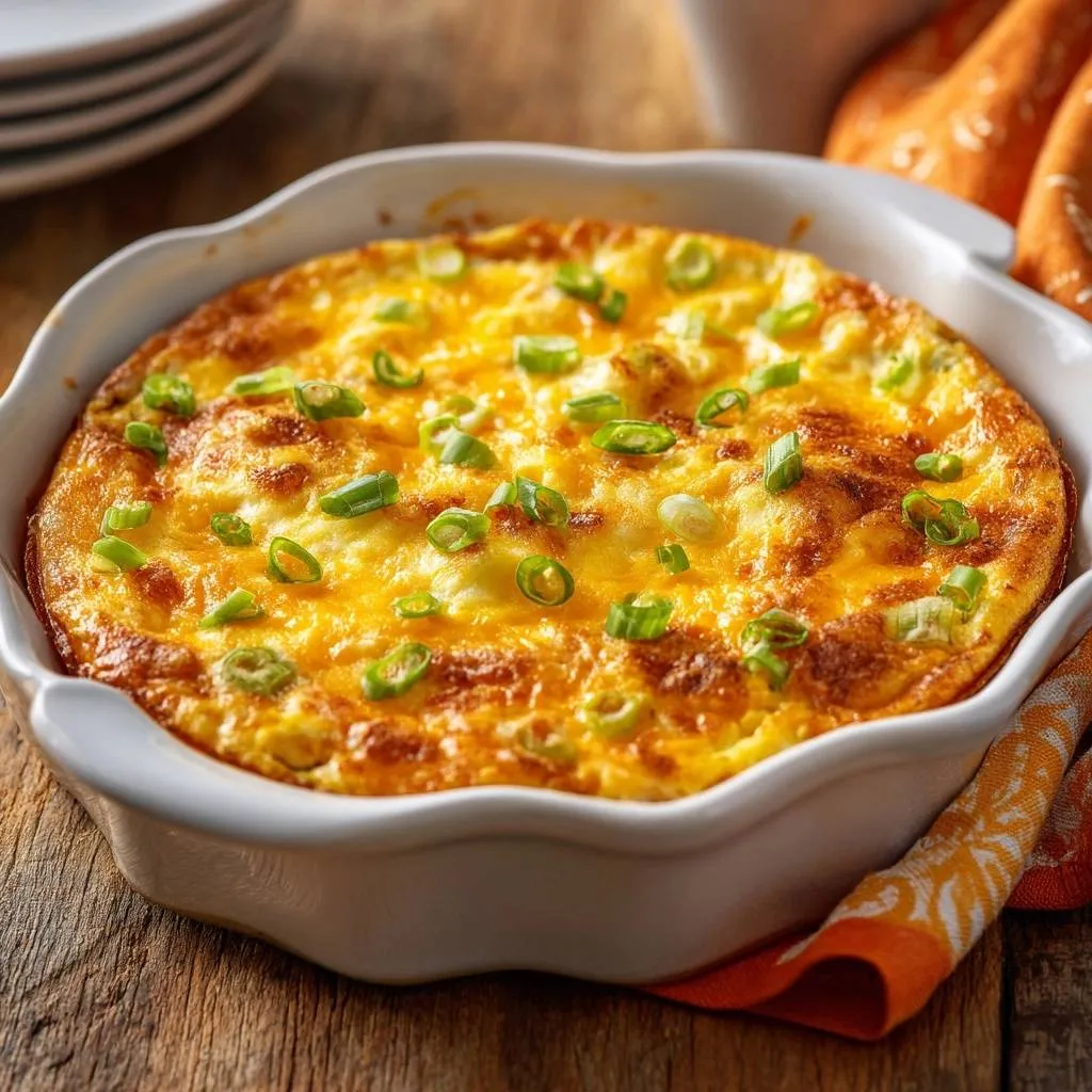 Crustless cheddar scallion quiche garnished with fresh green onions, presented in a white baking dish.
