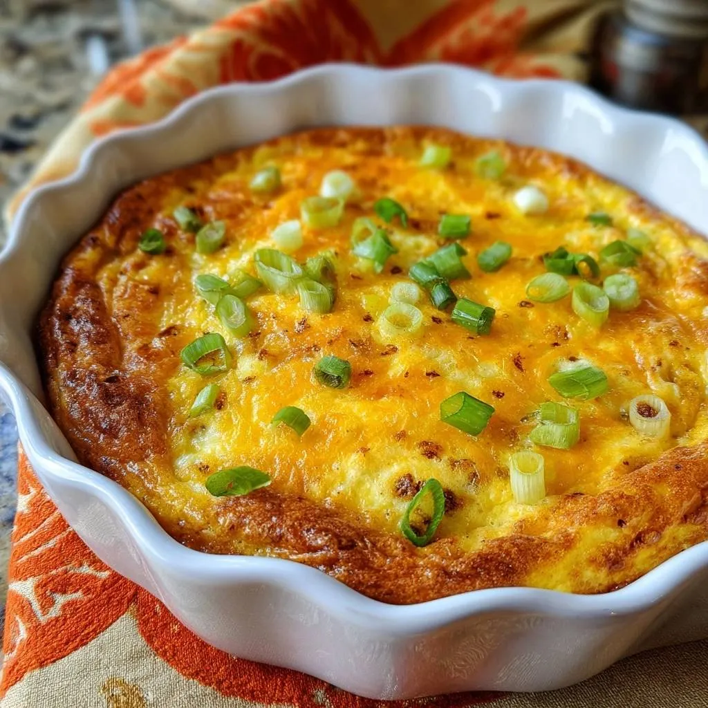 Crustless cheddar scallion quiche garnished with chopped green onions in a white dish, viewed from above.
