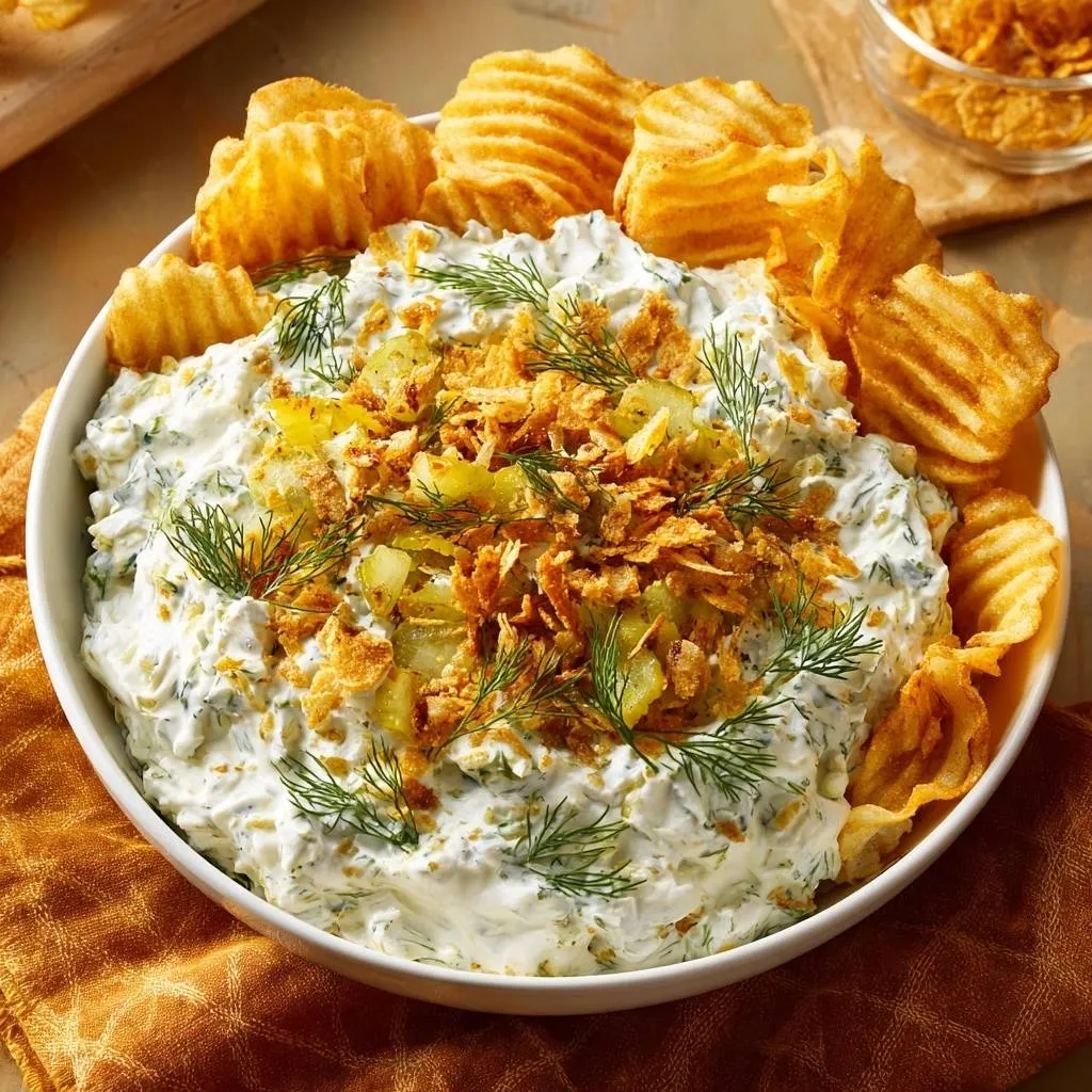 Dill pickle chip dip served in a white bowl, topped with dill and fried onions, with ruffled potato chips around the edge.