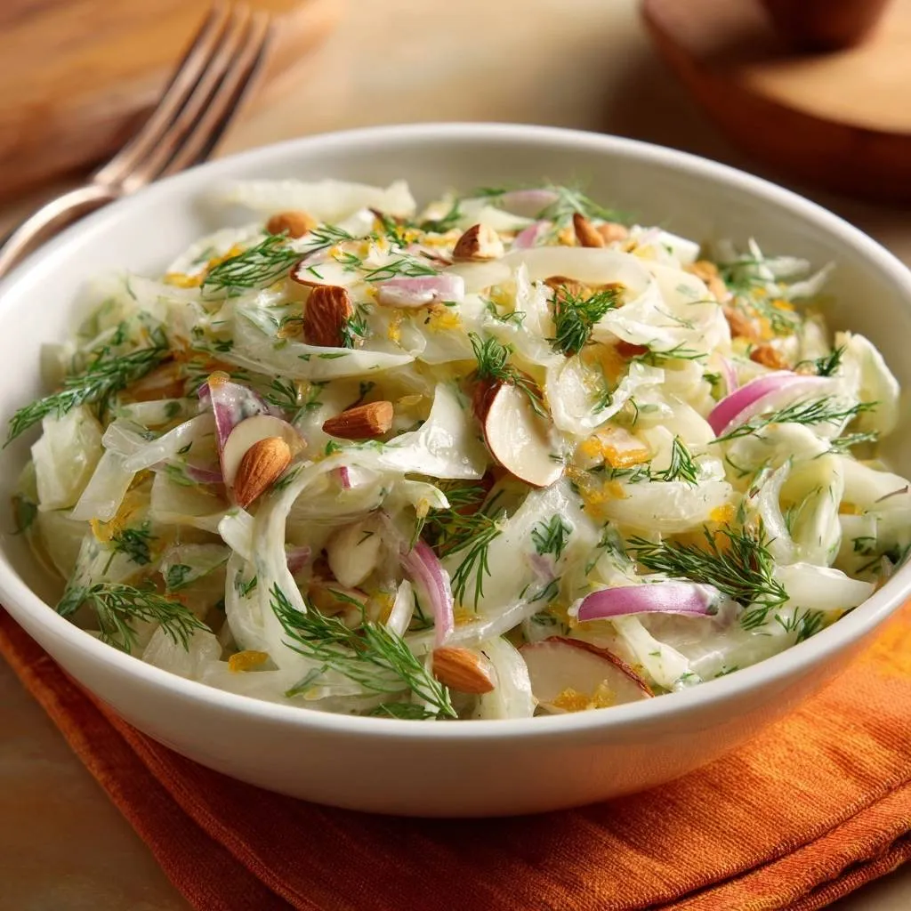 Crunchy fennel dill salad with almonds, dill, and orange zest, presented in a white bowl on an orange napkin.