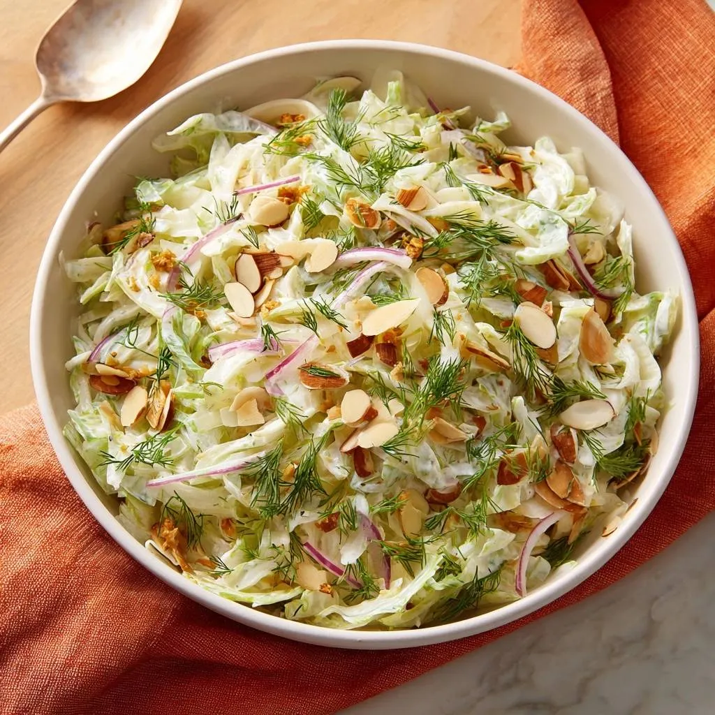 Crunchy Fennel Dill Salad served in a white bowl, garnished with almonds and dill, viewed from above.