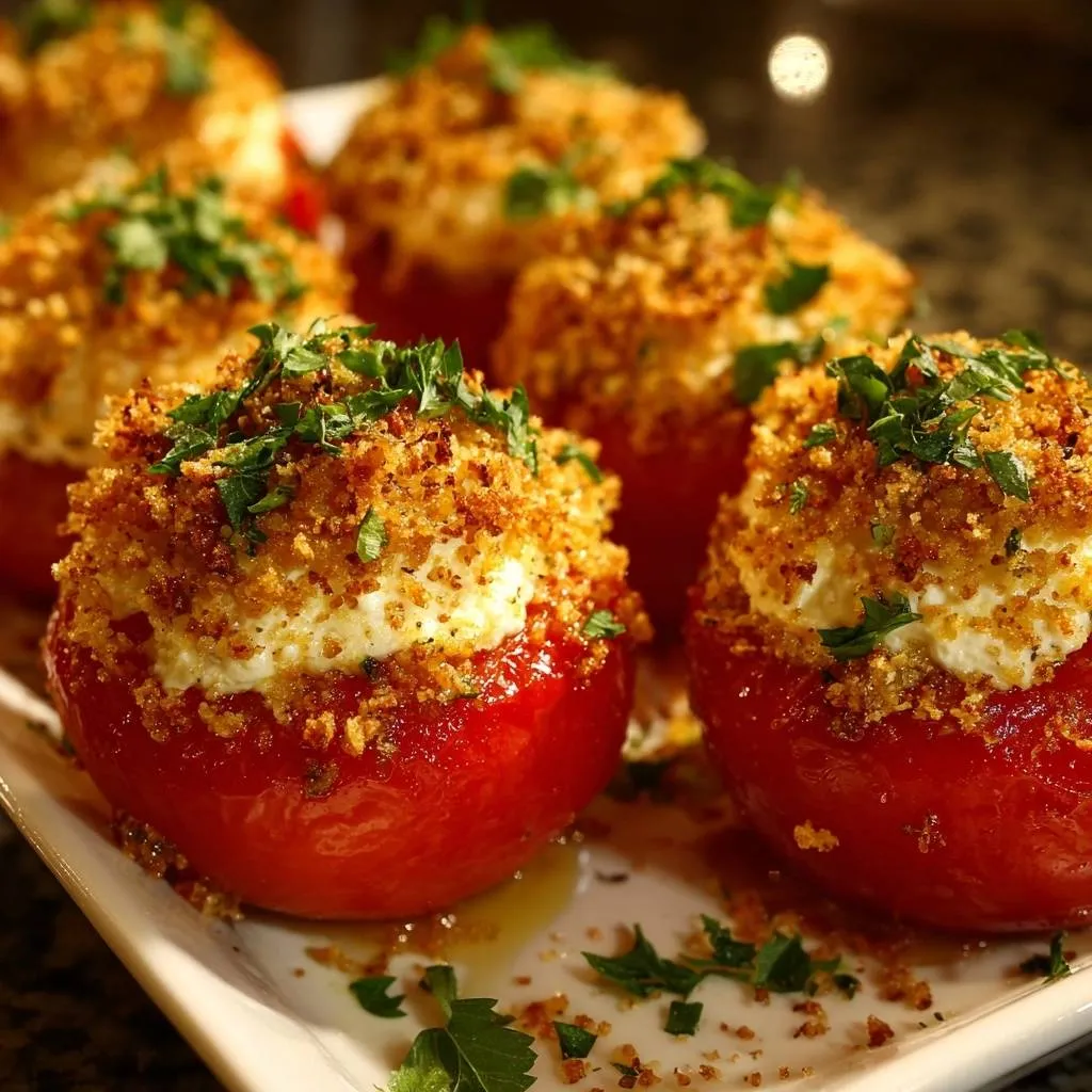 Crispy feta stuffed tomatoes with a golden breadcrumb topping and fresh parsley garnish