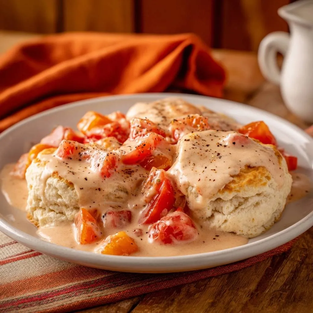 Flaky buttermilk biscuits with creamy tomato gravy served on a white plate, showcasing the rich texture of the dish.