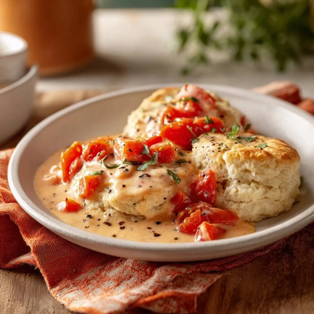 Flaky buttermilk biscuits with creamy tomato gravy, plated and garnished with fresh herbs and black pepper.