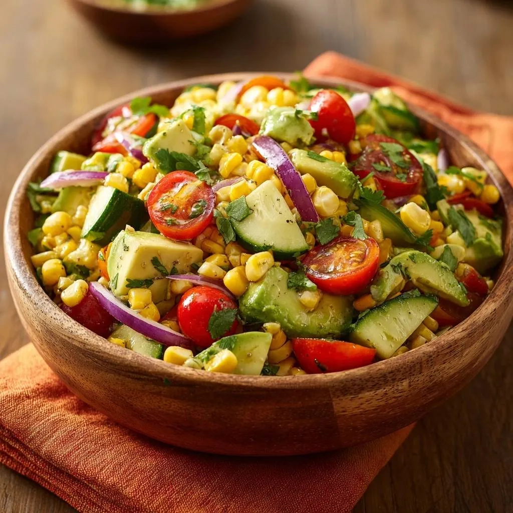 Fresh corn avocado salad in a wooden bowl, featuring a close-up view of chopped avocado, corn, tomatoes, and cucumber.