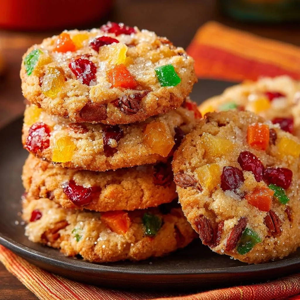 Irresistible fruit and pecan cookies stacked on a dark plate, showcasing colorful candied fruit and nuts.