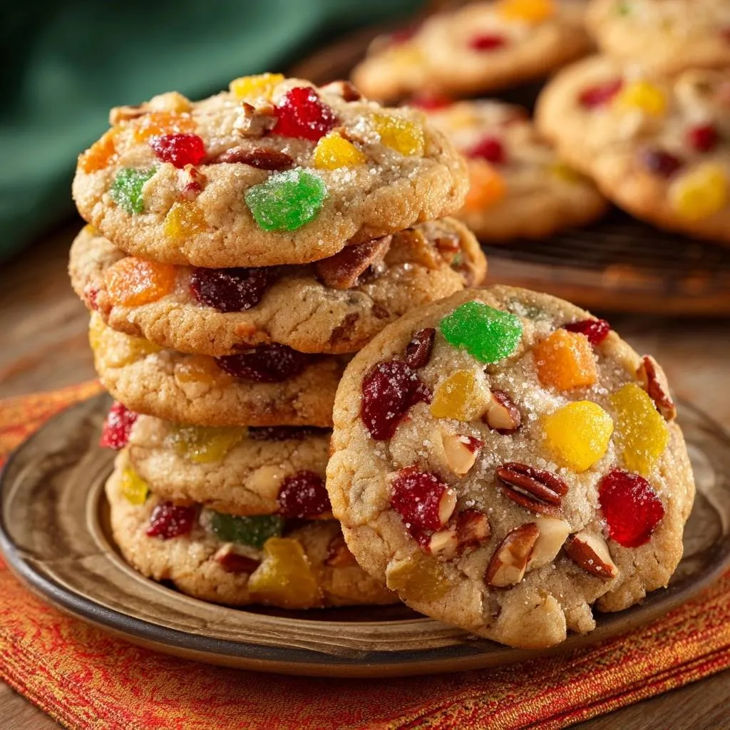 Irresistible fruit and pecan cookies recipe shown in a close-up stack with colorful fruit and nuts.