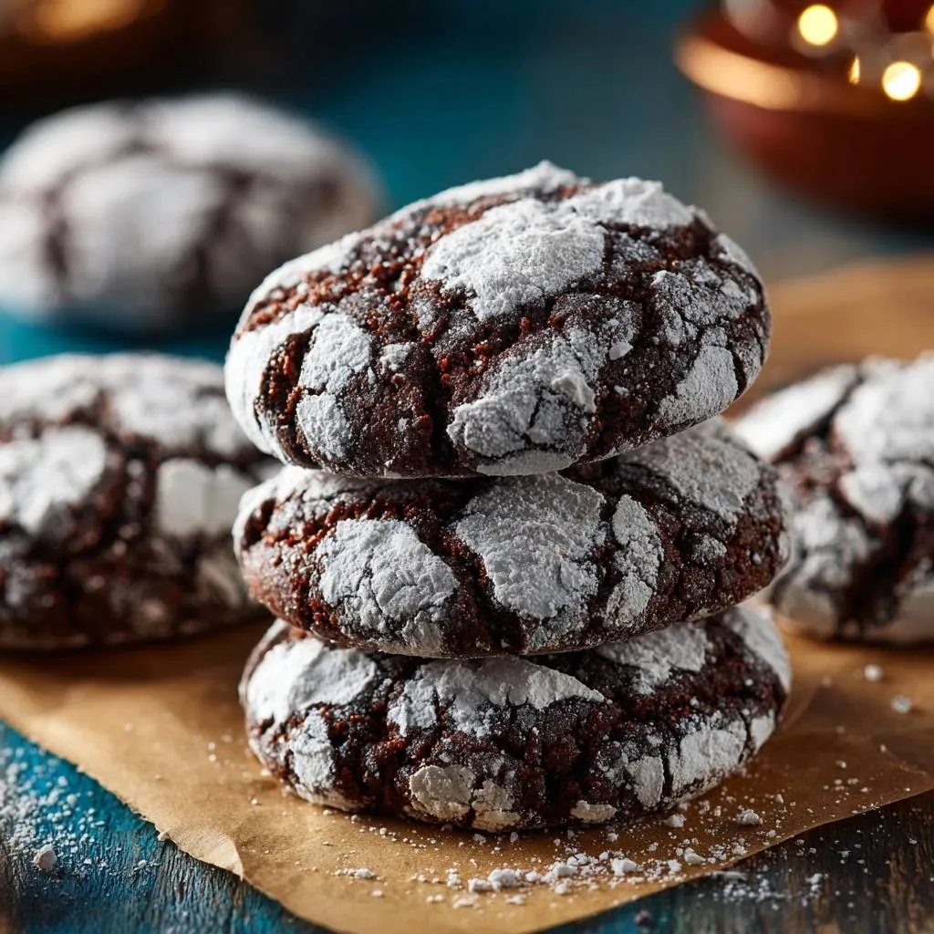 Fudgy chocolate crinkle cookies with no-melt tops are stacked in a close-up view, showcasing their cracked texture and powdered sugar coating.
