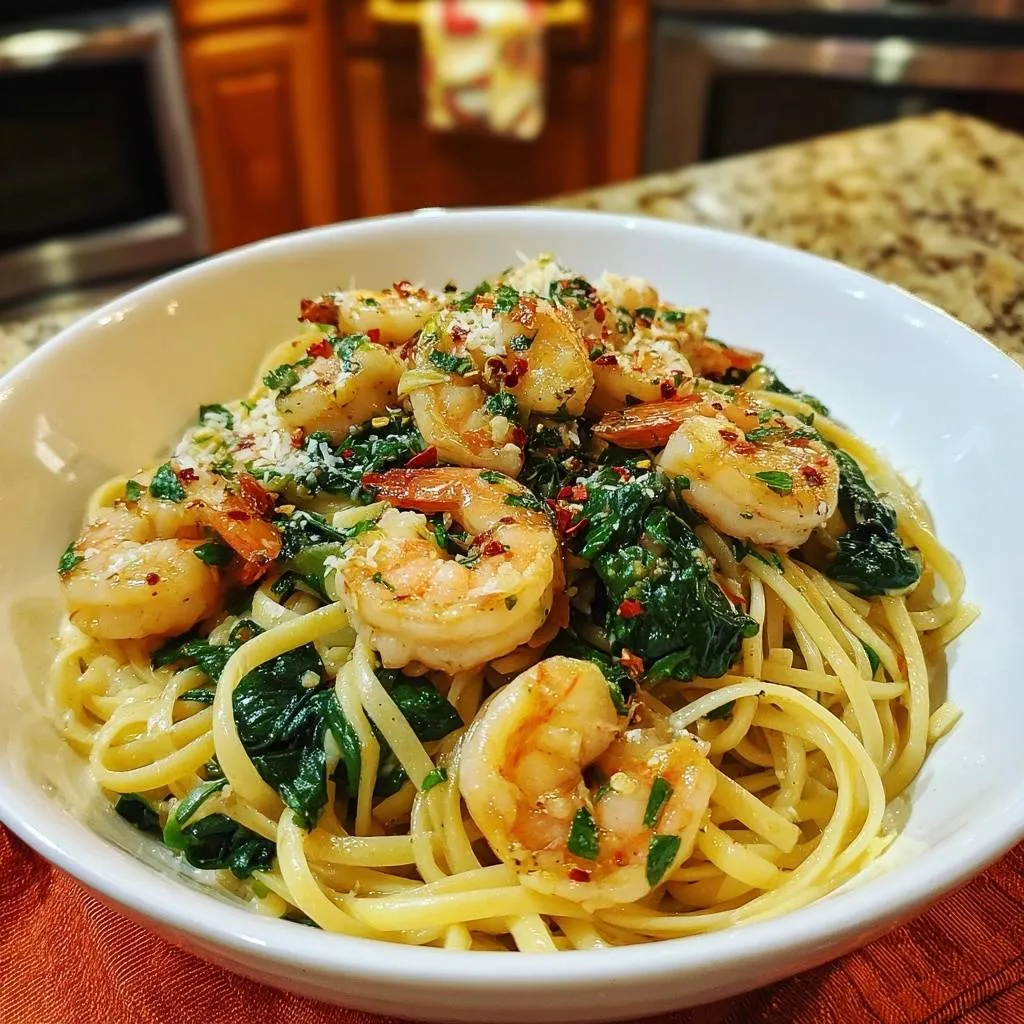 Garlic chili shrimp spaghetti with spinach served generously in a white bowl, showcasing tender shrimp and vibrant greens.