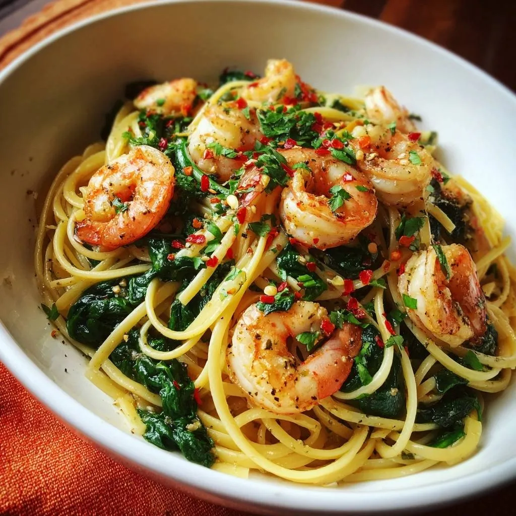 Garlic chili shrimp spaghetti with spinach, garnished with red pepper flakes and parsley, a close-up view.